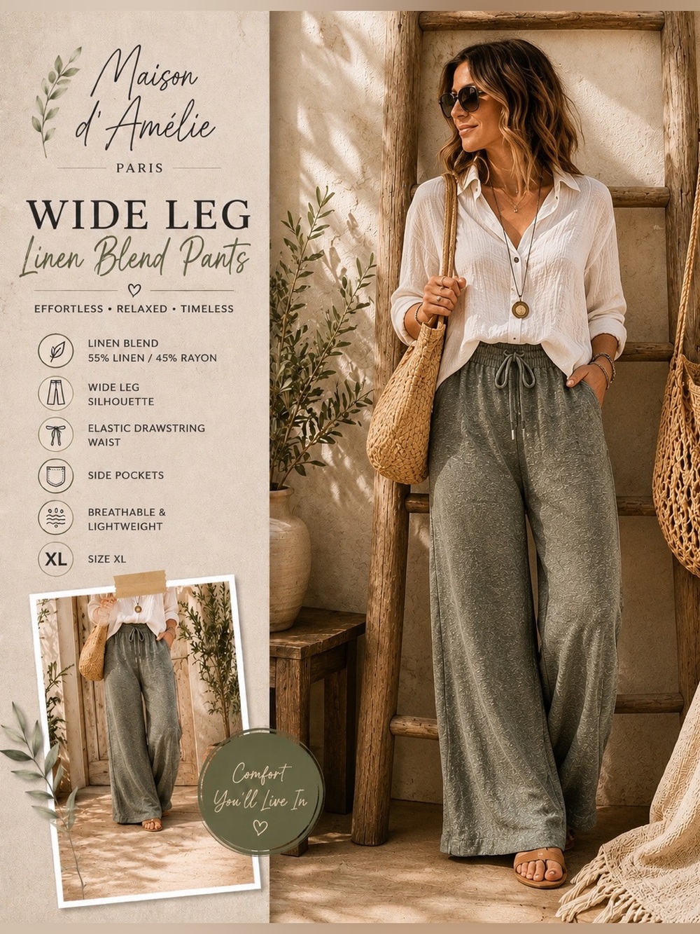 Maison d’Amélie Paris Linen Blend Wide Leg Lounge Pants Gray XL Pull On Casual